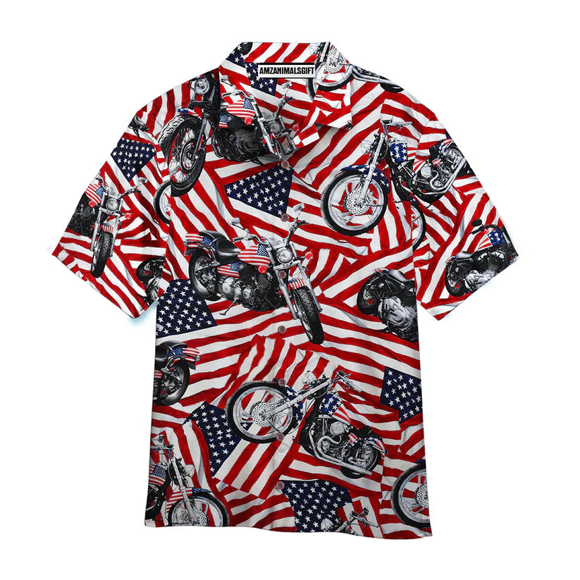Motorcycles American Flag Red And White Aloha Hawaiian Shirts For Men Women, 4th Of July Gift For Summer, Friend, Independence Day, Motorcycles Lovers