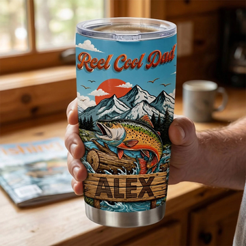 Mountain Fishing Reel Cool Dad Personalized Tumbler Custom Dad Name Gift Fishing Dad Gift