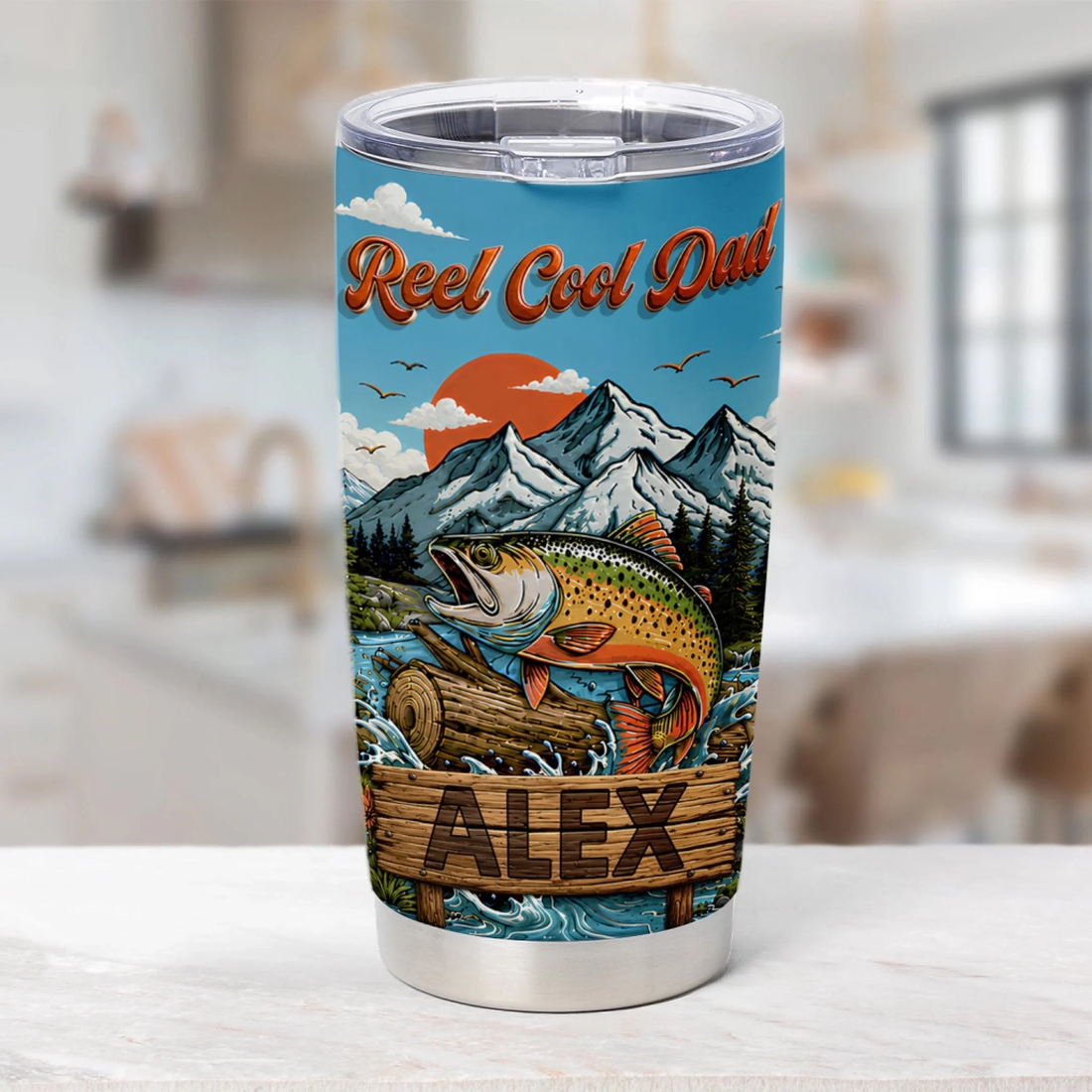 Mountain Fishing Reel Cool Dad Personalized Tumbler Custom Dad Name Gift Fishing Dad Gift