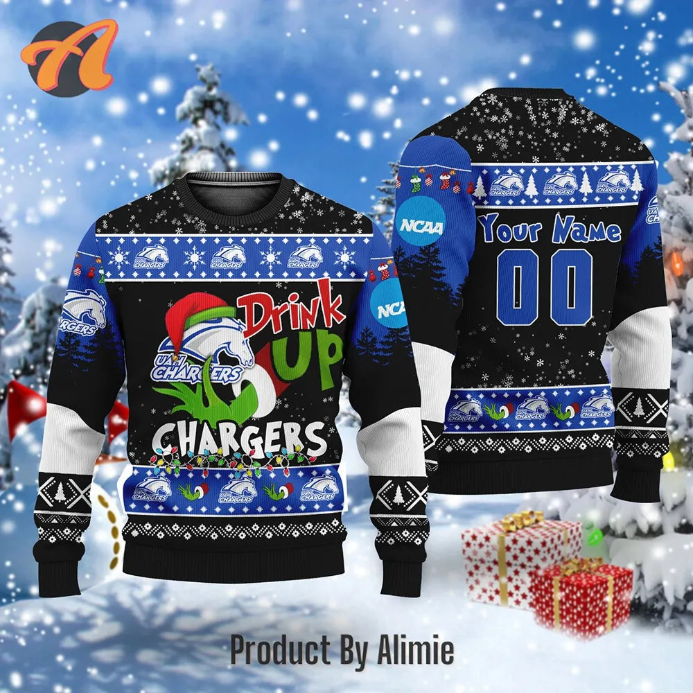 NCAA Grinch Drink Up Alabama-Huntsville Chargers Custom Ugly Christmas Sweater