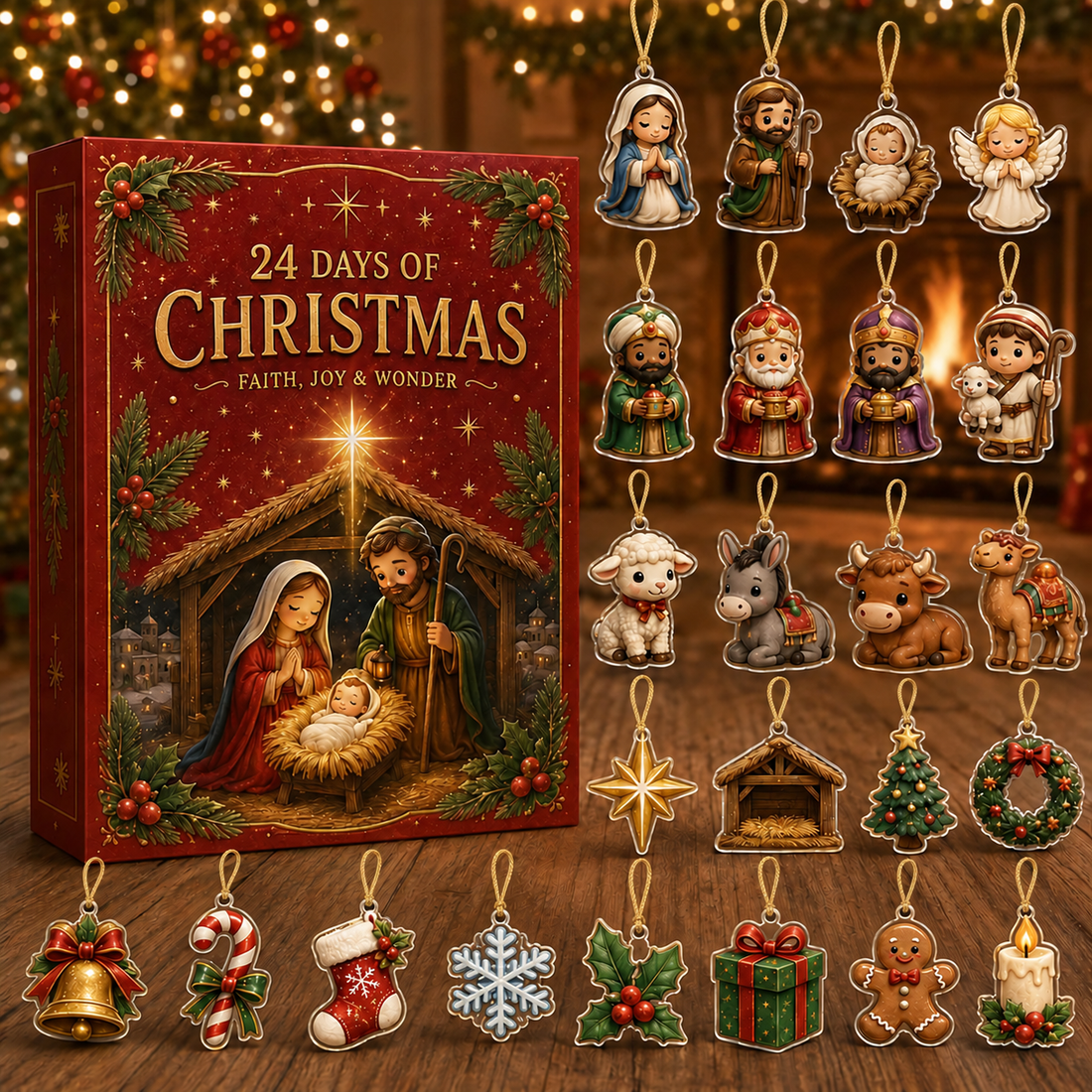 Nativity Advent Calendar 24 Day Christian Christmas Countdown With Acrylic Or Wood Charms