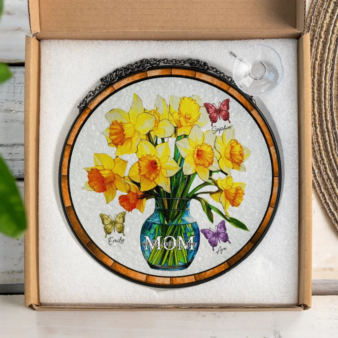Everlasting Daffodils In Vase With Names Personalized Window Stained Glass Suncatcher Gift For Mom Mom Daffodils In Vase With Her Kids Name