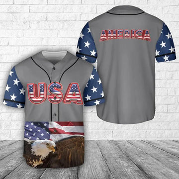 Patriotic American Eagle Baseball Jersey - USA Flag Button Up Sports Shirt - Red White and Blue Summer Top Gift for Veteran Dad Husband