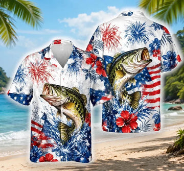 Patriotic Bass Fishing Hawaii Shirt, 4th Of July Bass Fish Tropical Button Hawaii Shirt, America 250th Anniversary Bass Fishing Aloha Shirt