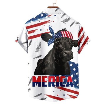 Patriotic Black Angus Hawaiian Shirt – Merica American Flag Cattle Aloha Button Down 4th of July Cow Farmer Gift Men Women