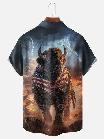 Patriotic Buffalo Hawaiian Shirt for Men, American Bison Flag Print, 4th of July Gift for Patriots