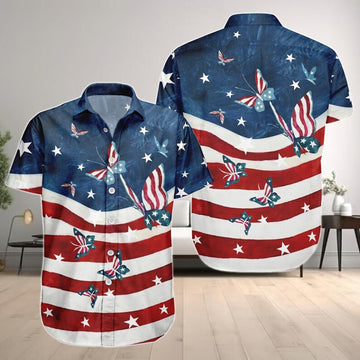 Patriotic Butterfly Button Shirt, USA Flag Stars and Stripes Hawaiian Shirt, American Flag Butterfly Top, 4th of July Men Button Down