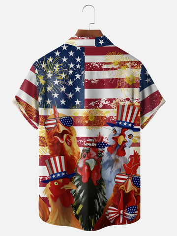 Patriotic Chicken Hawaiian Shirt for Men, 4th of July American Flag Rooster Print, Gift for Chicken Lovers