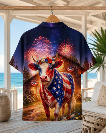 Patriotic Cow Hawaiian Shirt - 4th of July American Flag Farm Cattle Rancher Shirt
