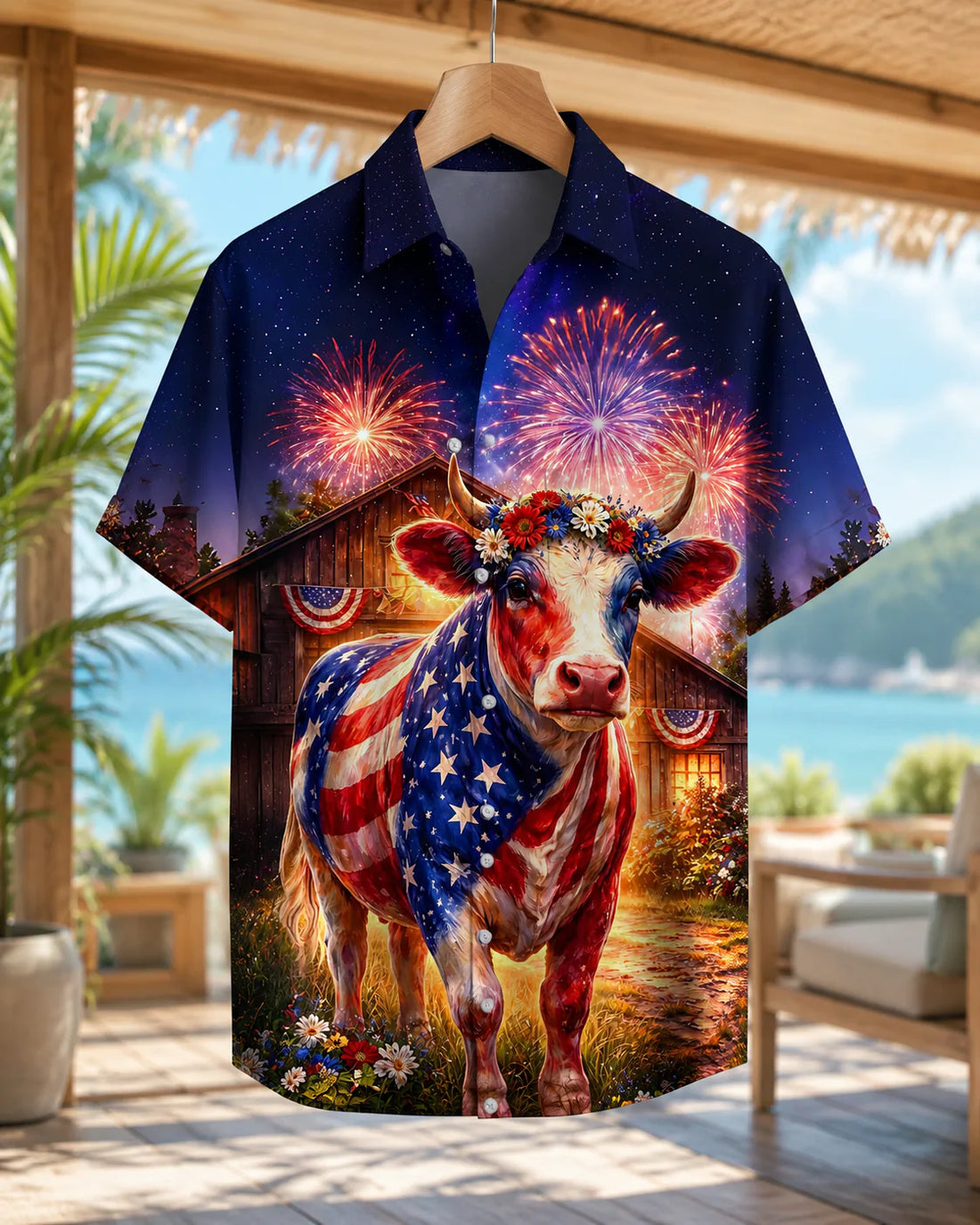 Patriotic Cow Hawaiian Shirt - 4th of July American Flag Farm Cattle Rancher Shirt