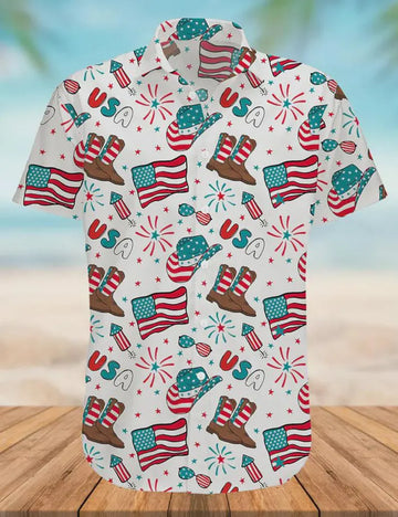 Patriotic Cowboy Boots & Hat American Flag Hawaiian Shirt - Western Country 4th of July Men's Button-Down Outfits