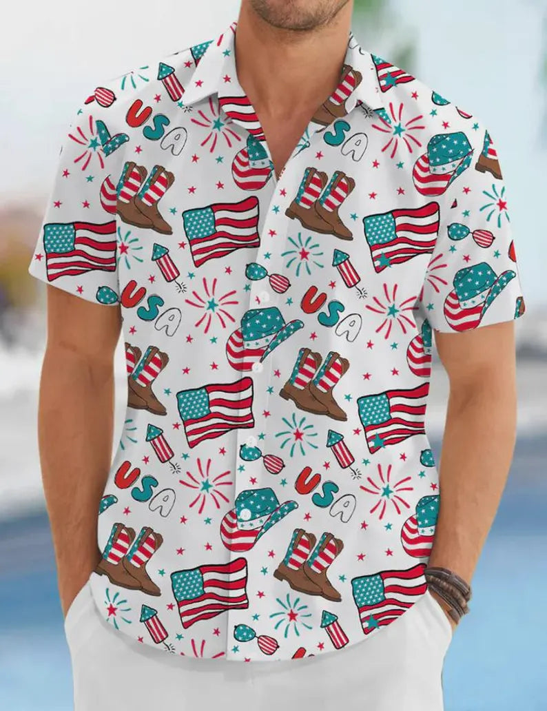 Patriotic Cowboy Boots & Hat American Flag Hawaiian Shirt - Western Country 4th of July Men's Button-Down Outfits
