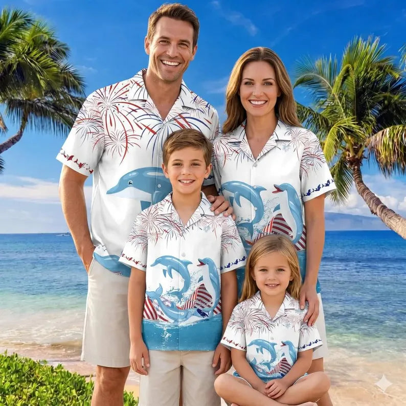 Patriotic Dolphin Hawaiian Shirt, 4th of July Men's Beachwear, USA Flag Aloha Shirt for Summer Party