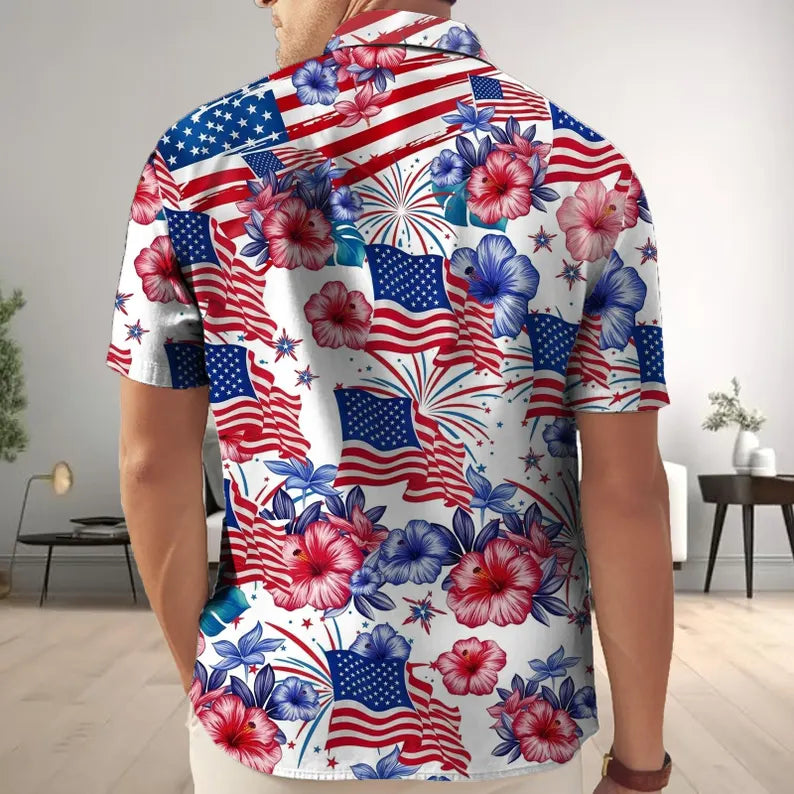 Patriotic Floral Hawaiian Shirt, American Flag Shirt, Tropical USA Beach Button Shirt, 4th of July Flower Shirt, Summer Men Gift