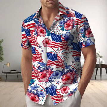 Patriotic Floral Hawaiian Shirt, American Flag Shirt, Tropical USA Beach Button Shirt, 4th of July Flower Shirt, Summer Men Gift