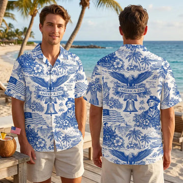 Patriotic Hawaiian Shirt, America 250 Eagle Print Button Down, Summer Beach Vacation
