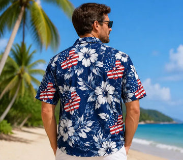 Patriotic Hawaiian Shirt, USA Flag Floral Shirt, 4th of July Button Up Shirt,Mens Beach Vacation Aloha,Patriotic Shirt Gift for Father's Day