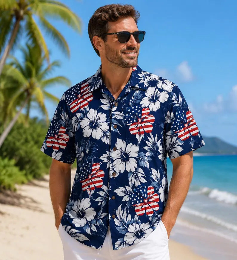 Patriotic Hawaiian Shirt, USA Flag Floral Shirt, 4th of July Button Up Shirt,Mens Beach Vacation Aloha,Patriotic Shirt Gift for Father's Day