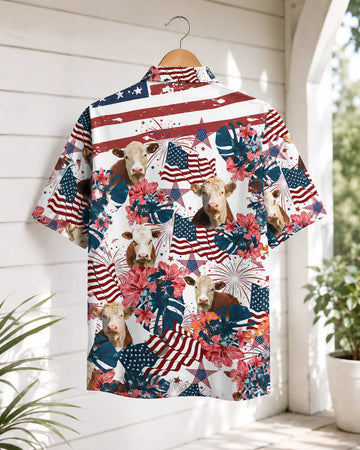 Patriotic Hereford Cow Hawaiian Shirt - 4th of July American Flag Cattle Rancher Shirt