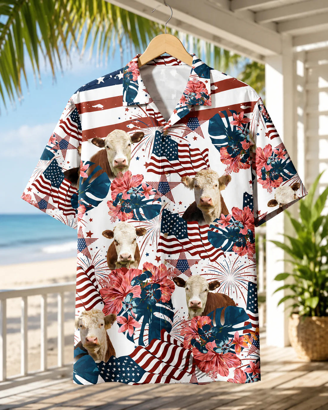 Patriotic Hereford Cow Hawaiian Shirt - 4th of July American Flag Cattle Rancher Shirt