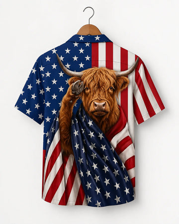 Patriotic Highland Cow Hawaiian Shirt - 4th of July American Flag Shirt for Men & Wome