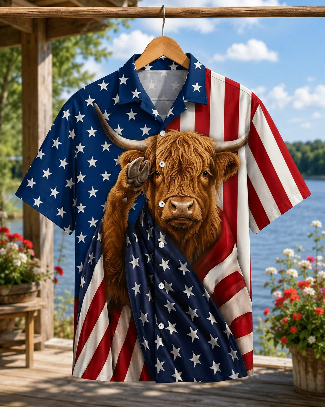 Patriotic Highland Cow Hawaiian Shirt - 4th of July American Flag Shirt for Men & Wome
