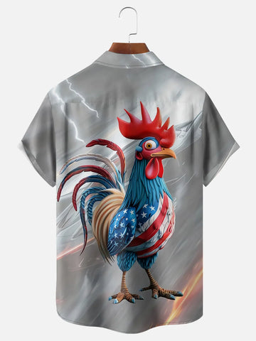 Patriotic Rooster Hawaiian Shirt for Men, 4th of July American Flag Chicken Lightning Print, Storm Gift