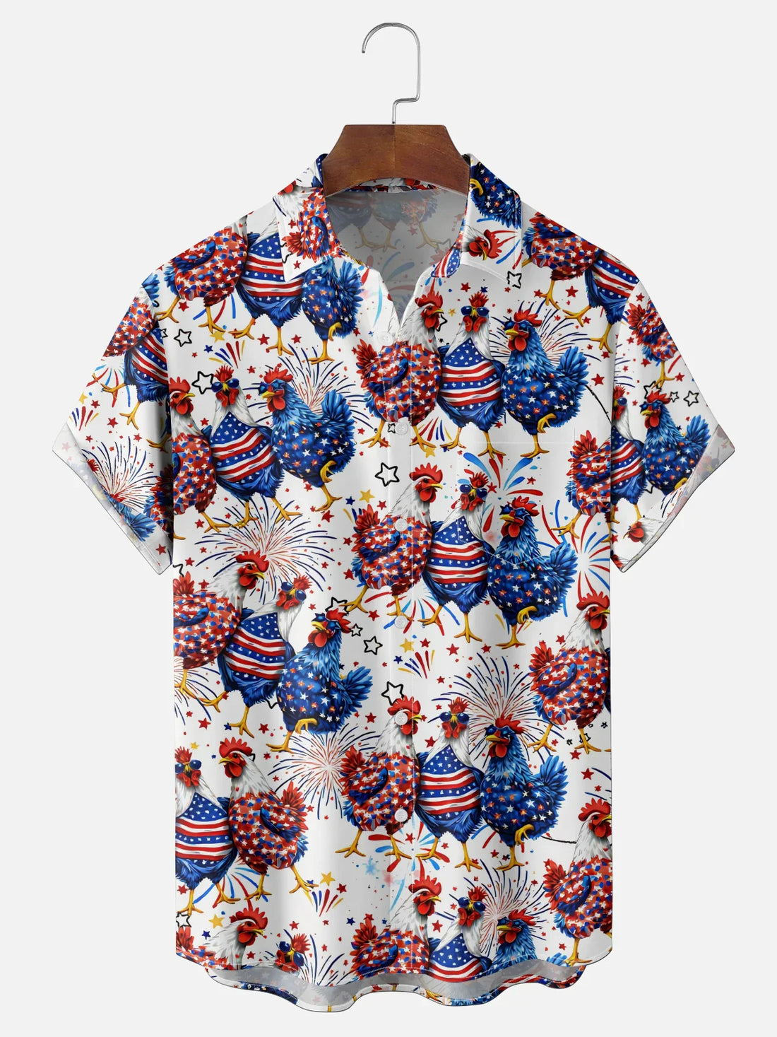 Patriotic Rooster Hawaiian Shirt for Men, 4th of July American Flag Chicken Print, Fireworks Gift