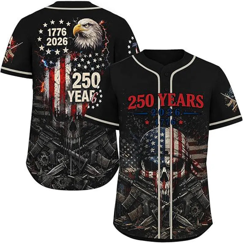 Patriotic Skull Baseball Jersey 250 Years USA Independence Shirt American Flag Sports Jersey