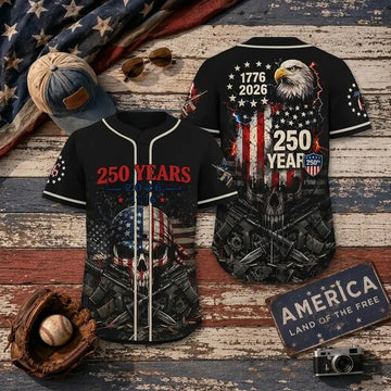 Patriotic Skull Baseball Jersey 250 Years USA Independence Shirt American Flag Sports Jersey