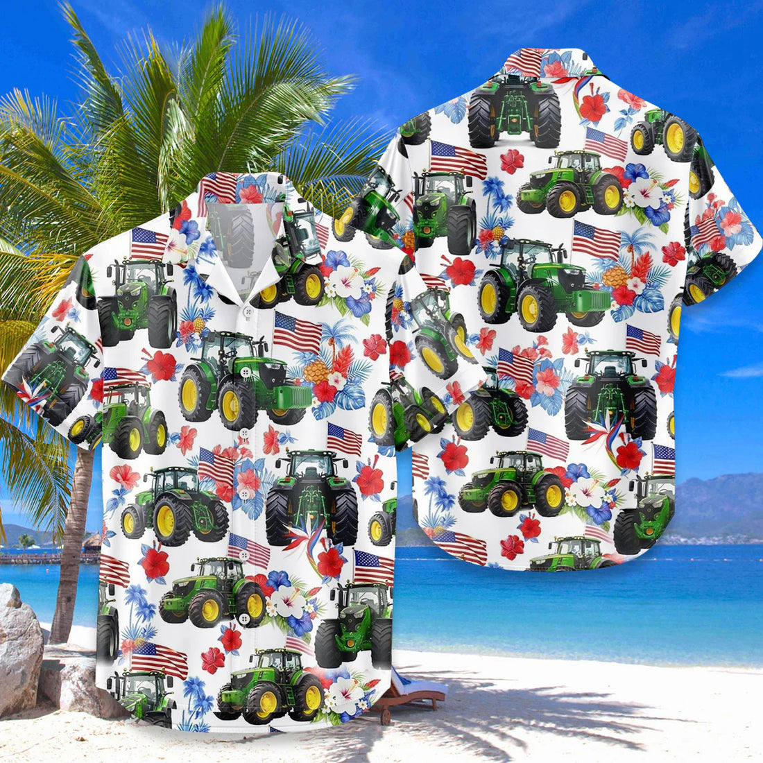 Patriotic Tractor Hawaiian Shirt – American Flag Green Farm Tractor Tropical Aloha 4th of July Farmer Gift Men Women-3