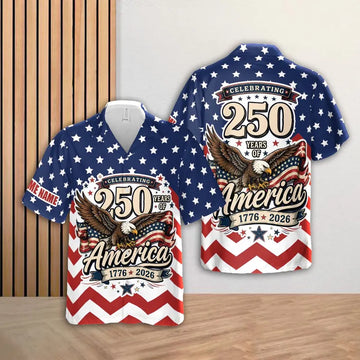 Personalized 250 Years Of America Hawaiian Shirt 1776-2026, Patriotic USA Flag Hawaii Shirt, 4th of July Gift, Custom Name Father's Day Gift