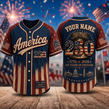 Personalized America 250 Years of Freedom Baseball Jersey, Custom USA Patriotic 1776-2026 Shirt for Adults & Kids, Independence Day Gift