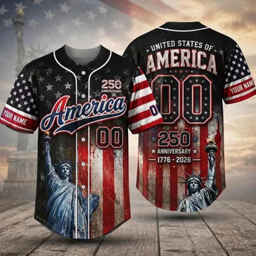 Personalized America 250th Anniversary Baseball Jersey Shirt, Vintage American History Patriotic Jersey, Custom USA Gift for Him