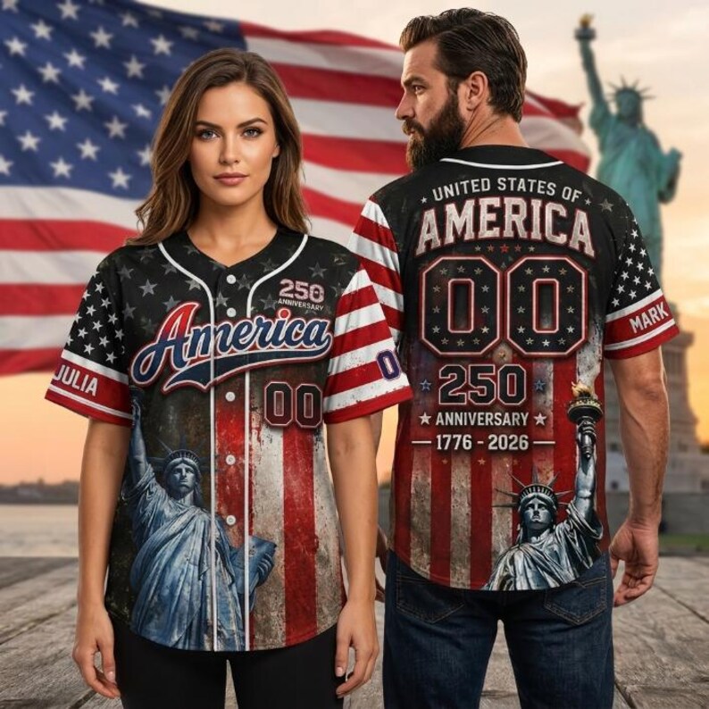 Personalized America 250th Anniversary Baseball Jersey Shirt, Vintage American History Patriotic Jersey, Custom USA Gift for Him