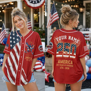 Personalized America 250th Anniversary Jersey, Custom Name 4th July Baseball Shirt, USA Patriotic Jersey, Adult Kids Independence Day Outfit