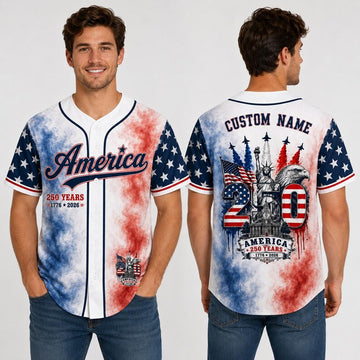 Personalized America Baseball Jersey, 250 Years 1776-2026, Custom Name Patriotic Jersey, 4th of July Womens Shirt, USA Anniversary Gift