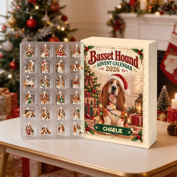 Personalized Basset Hound Advent Calendar 24 Acrylic Charms Custom Dog Name Holiday Countdown Pet Lover Gift