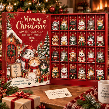 Personalized Cat Advent Calendar Christmas Countdown Box 24 Cute Cat Charms Custom Family Name Holiday Keepsake Cat Lover Gift 2026