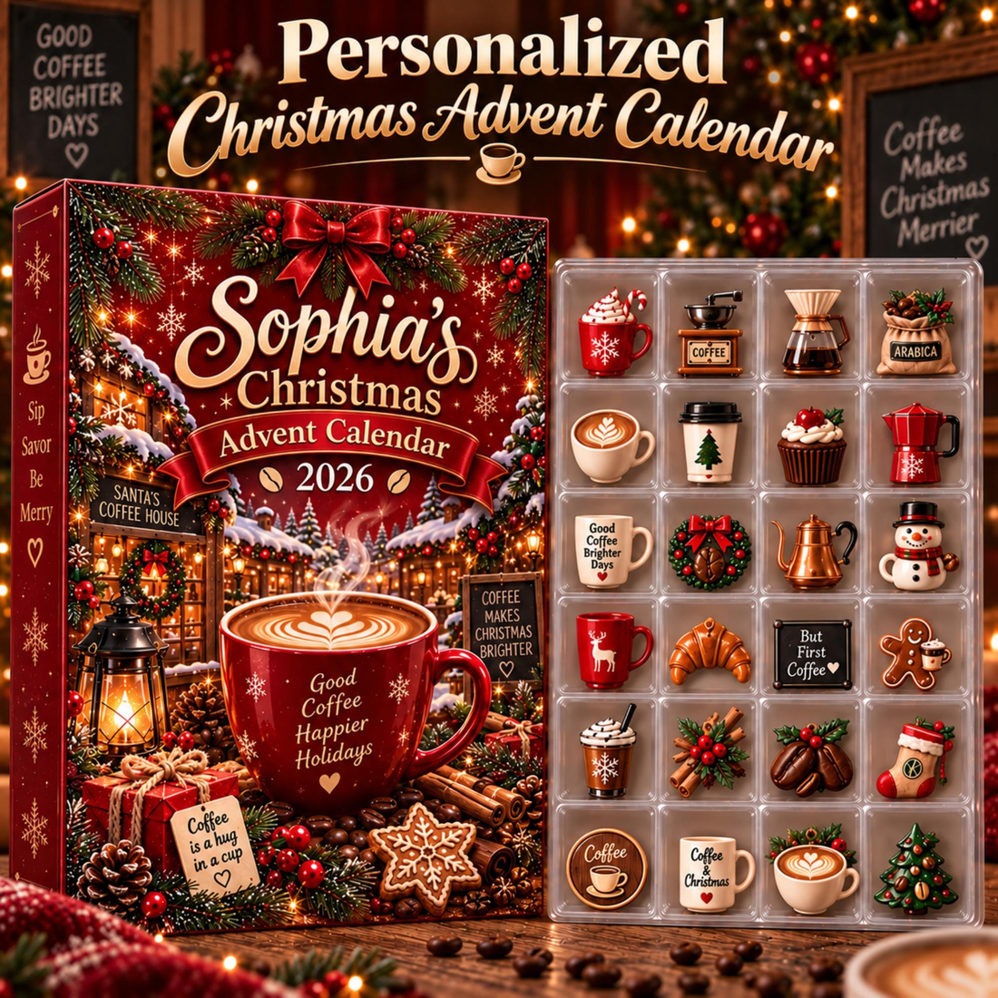 Personalized Coffee Advent Calendar Custom Name 24 Acrylic Coffee Charms Christmas Countdown 2026