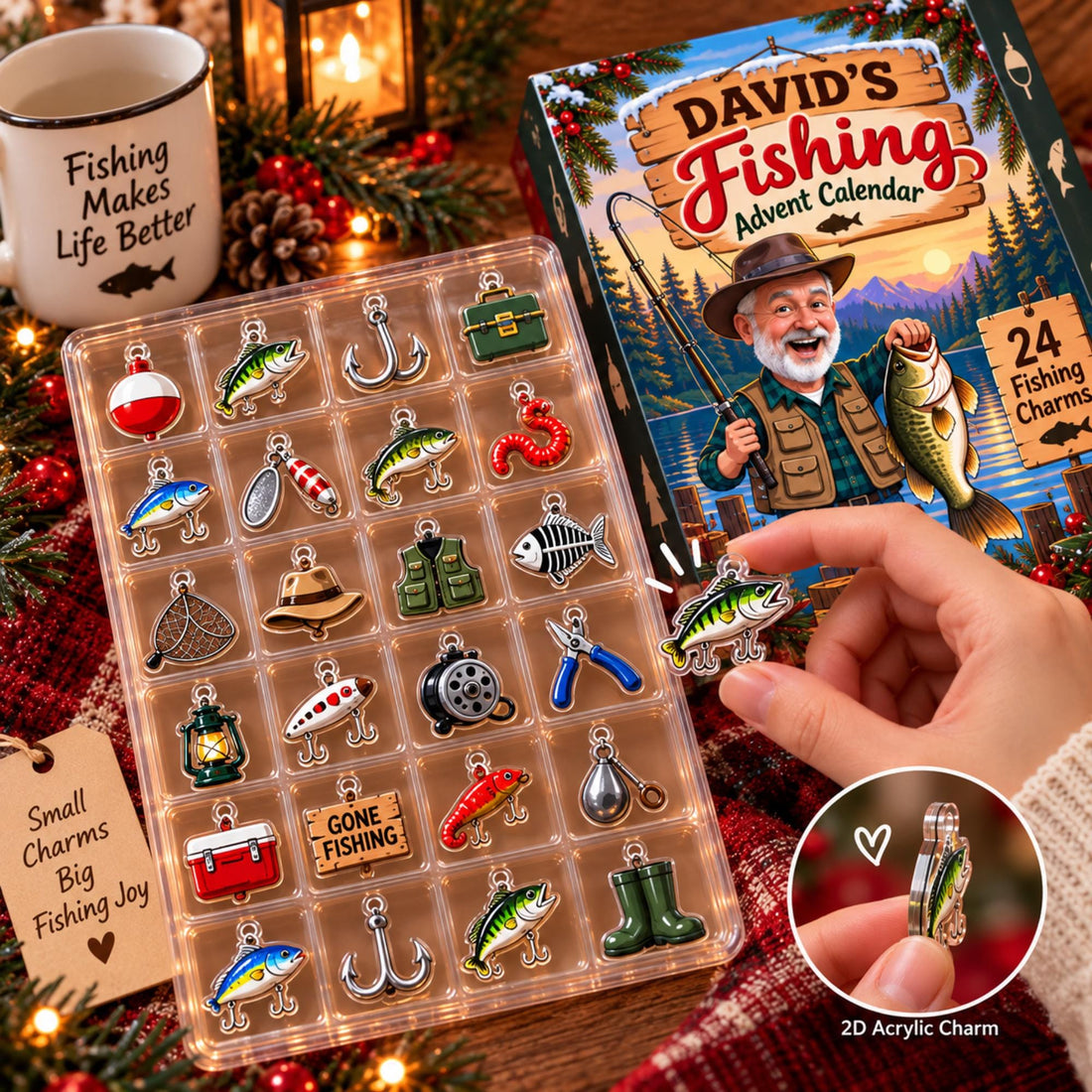Personalized Fishing Advent Calendar Custom Photo Name 24 Acrylic Fishing Charms Christmas Gift For Fisherman