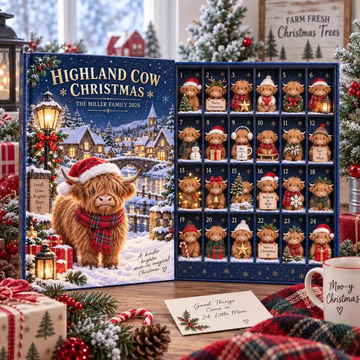Personalized Highland Cow Advent Calendar Christmas Countdown Box 24 Mini Cow Figures Family Holiday Keepsake Kids Collector Gift 2026