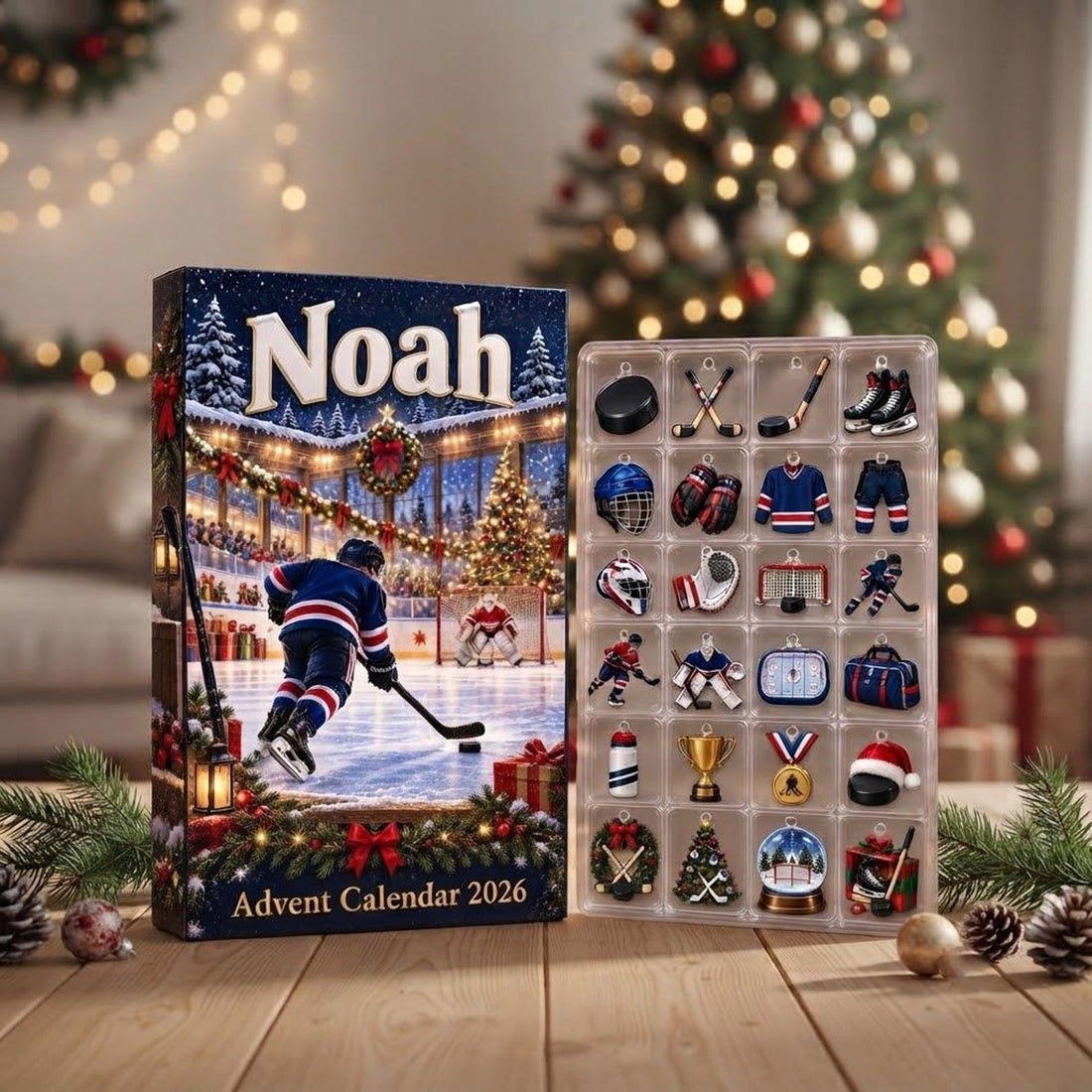 Personalized Hockey Advent Calendar 2026 24 Ice Hockey Charms Custom Name Christmas Countdown Gift For Hockey Players