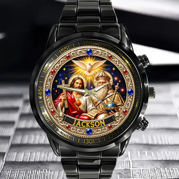 Personalized Holy Trinity Round Watch Custom Name Sacred Christian Faith Watch Gift For Christian Family