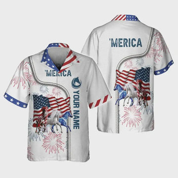 Personalized Horse 4th of July Hawaiian Shirt, Custom Name 3D Patriotic Shirt, 250th Anniversary America 1776-2026, USA Flag Equestrian Gift