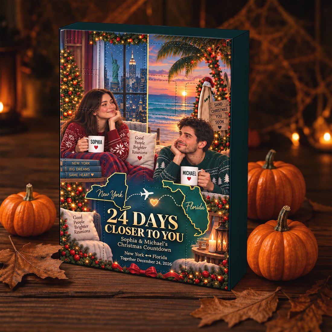 Personalized Long Distance Couple Advent Calendar 2026 24Pc Acrylic Ornaments Christmas Reunion Gift Custom State Map Photo Countdown Box