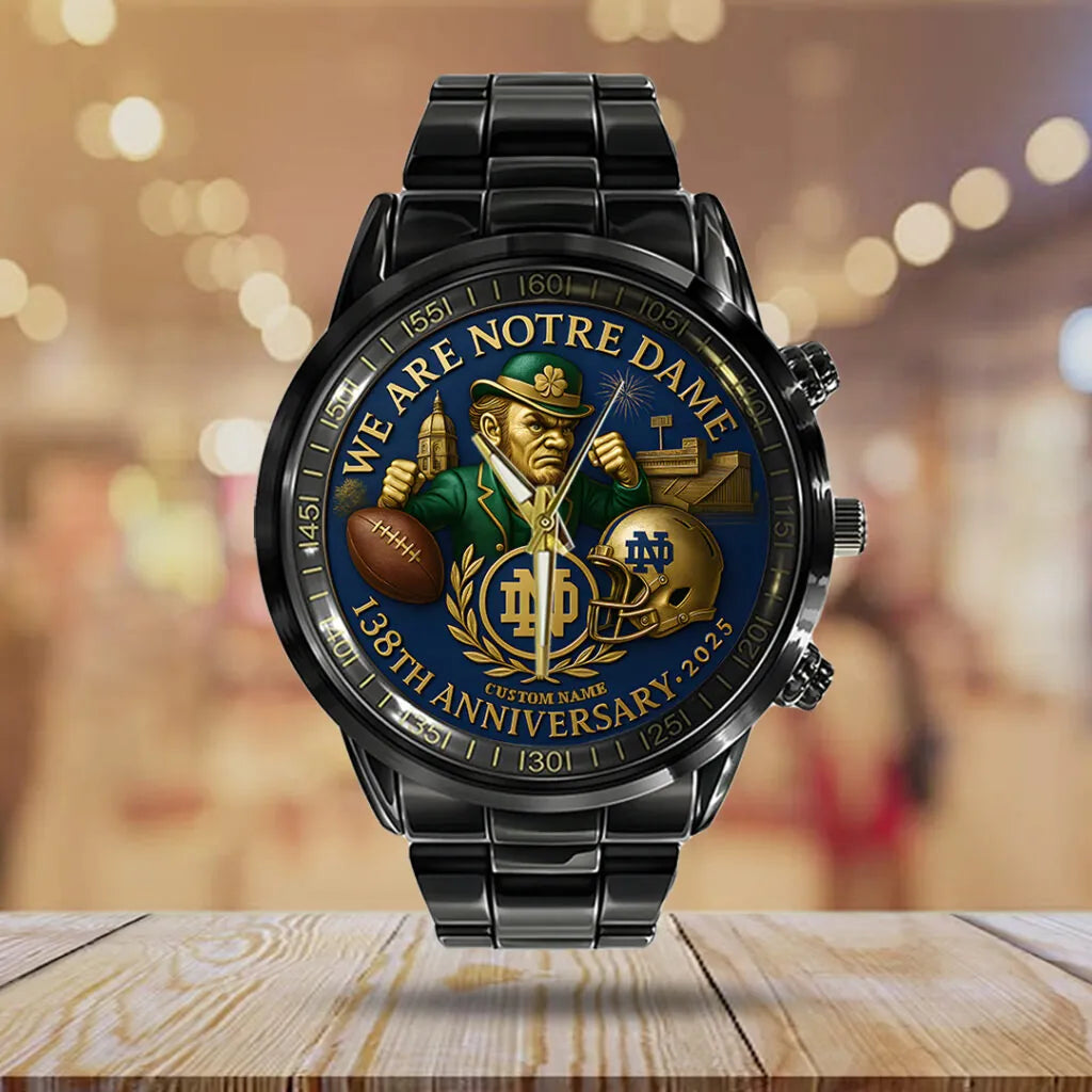 Personalized Notre Dame Fighting Irish Football 138th Anniversary 2025 Black Stainless Steel Watch – TANTN16199