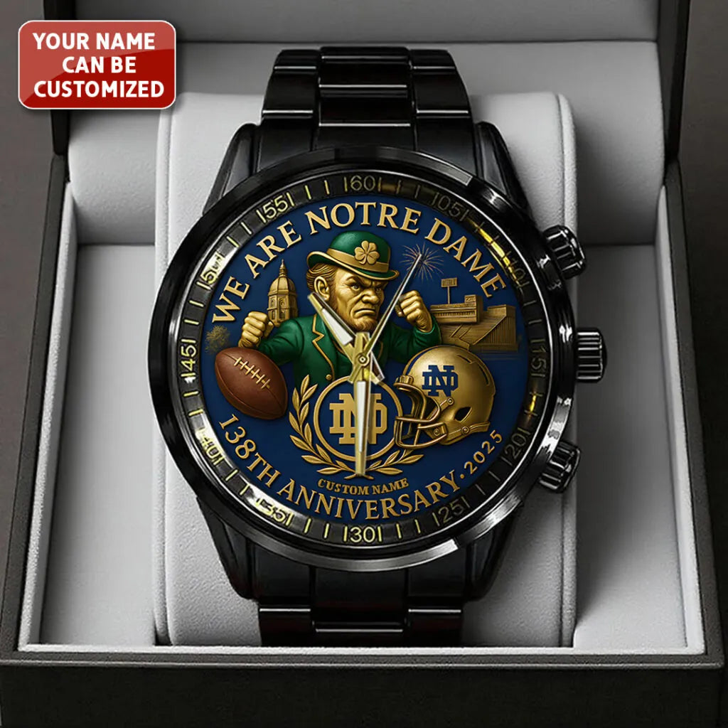 Personalized Notre Dame Fighting Irish Football 138th Anniversary 2025 Black Stainless Steel Watch – TANTN16199