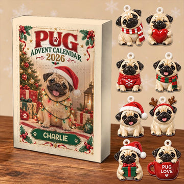 Personalized Pug Advent Calendar 2026 24 Acrylic Charms Custom Dog Name Pug Lover Keepsake Collection