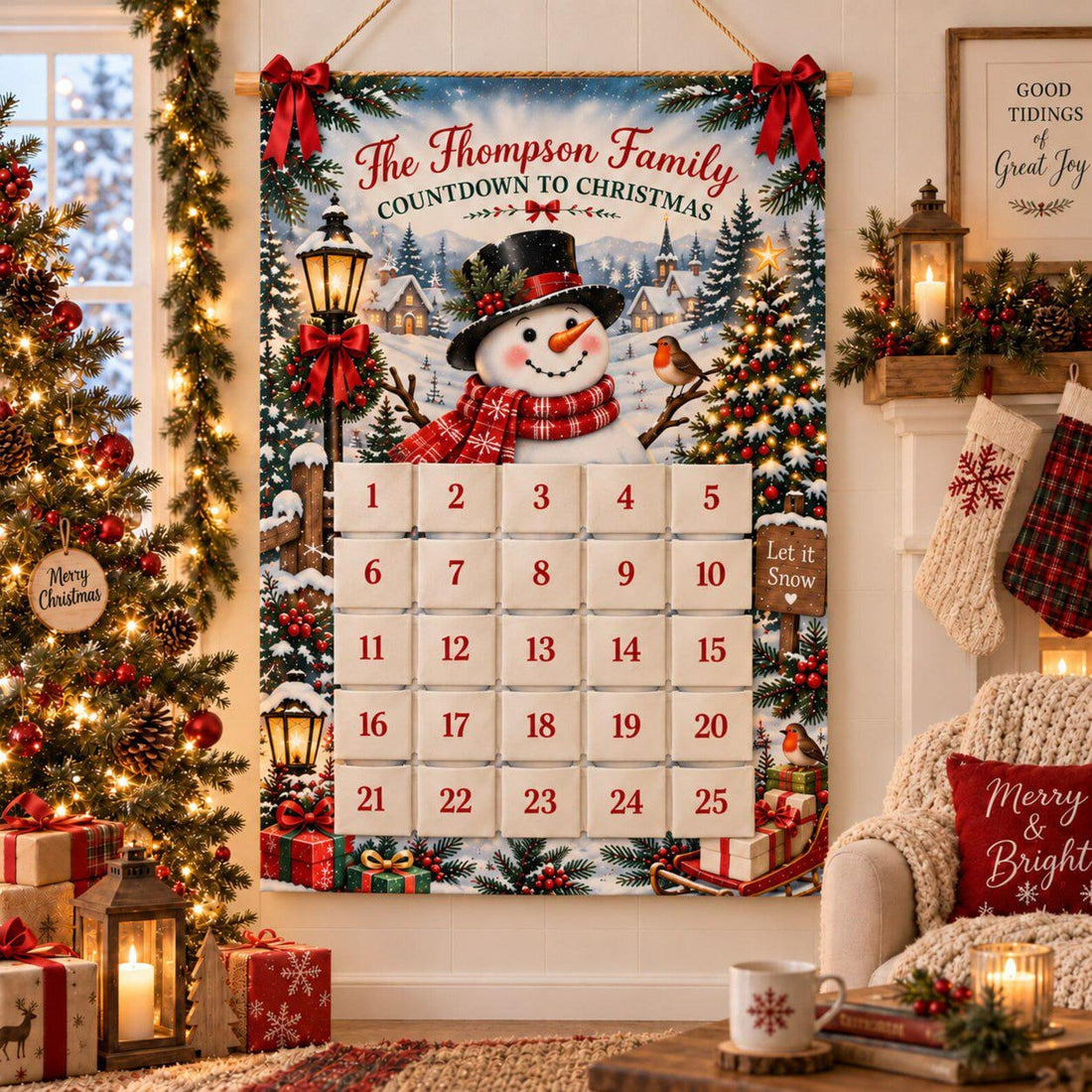 Personalized Reusable Fabric Advent Calendar Snowman Christmas Countdown Custom Family 25 Pocket Advent Calendar Holiday Wall Xmas Decor